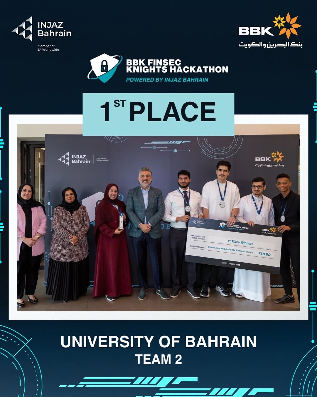 جامعة البحرين تحصد المركز الأول في هاكاثون “فرسان الأمن المالي” لبنك البحرين والكويت بالتعاون مع “إنجاز البحرين”